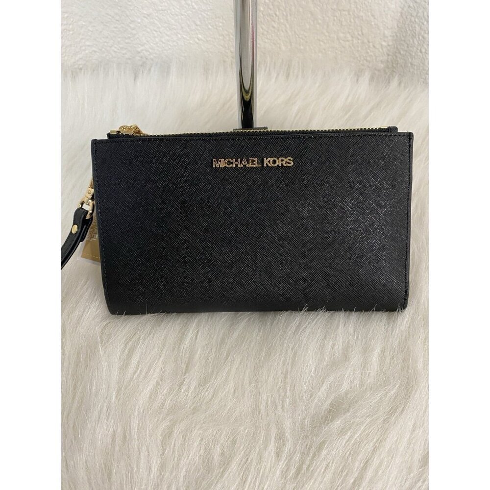 Michael Kors Saffiano Leather Double Zip Wallet Phone Case Wristlet Black Gold